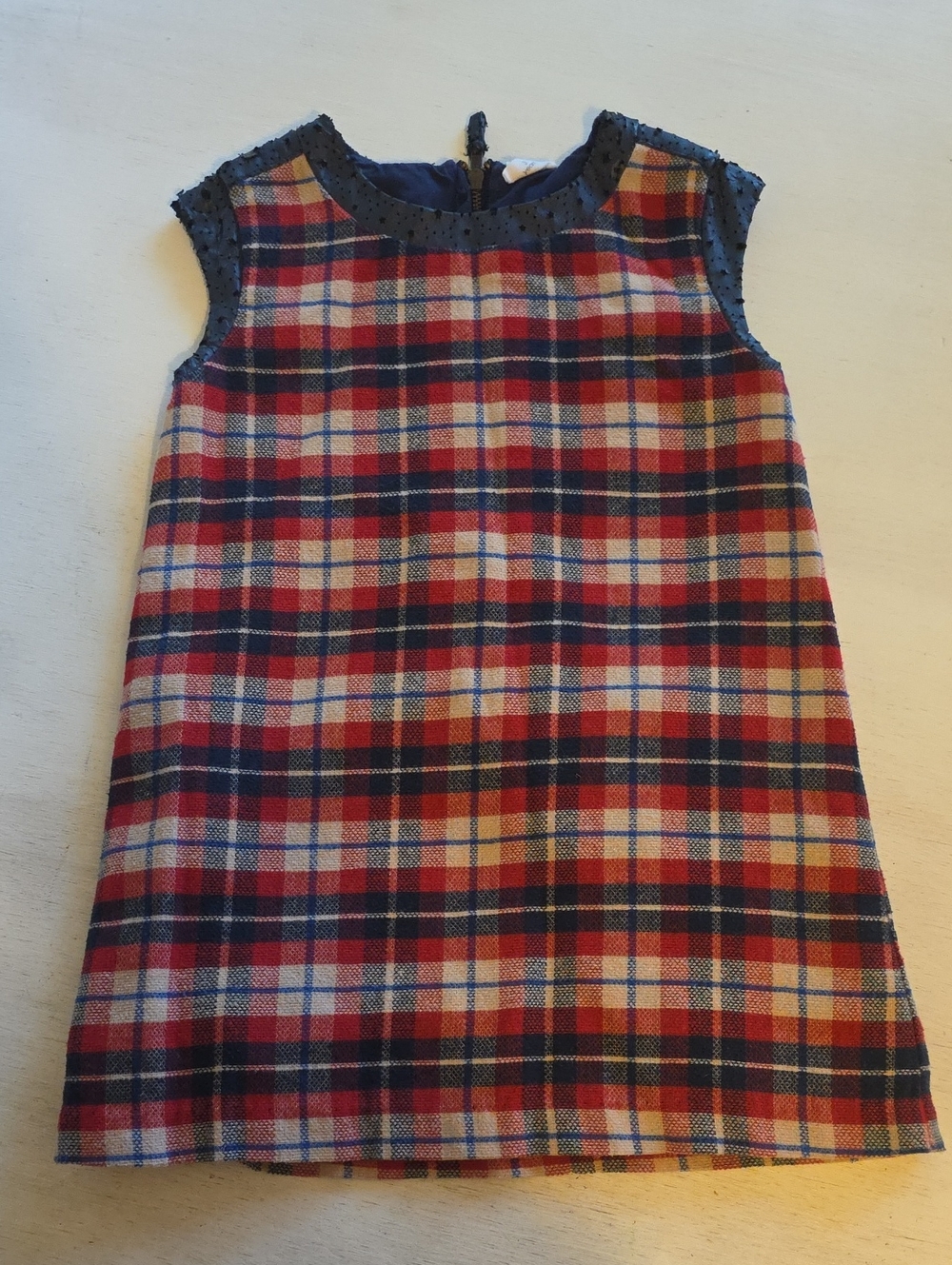 Girls Navy and Red Plaid Sleeveless Shift Dress